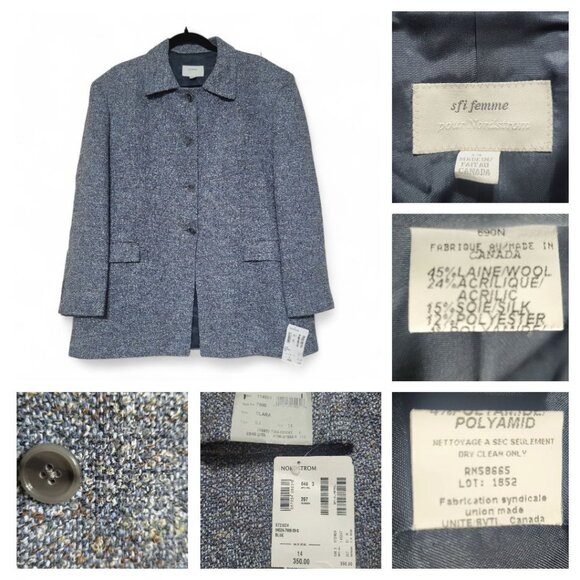 Nordstrom Sfi Femme Wool Blend Boucle Button-Up Jacket Size 14 $350 Blue Brown - Picture 1 of 11
